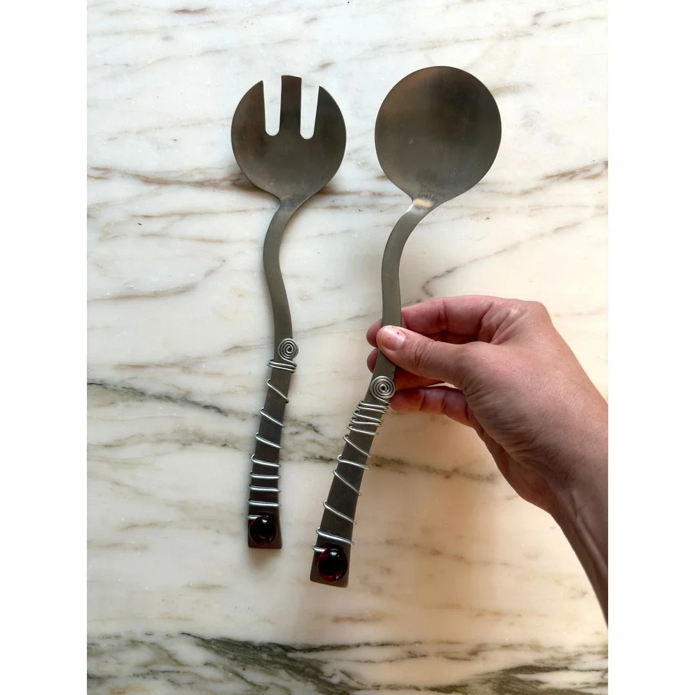 Vintage Y2K Handmade Stainless Steel Salad Serving Set Red Glass Wire Wrapped